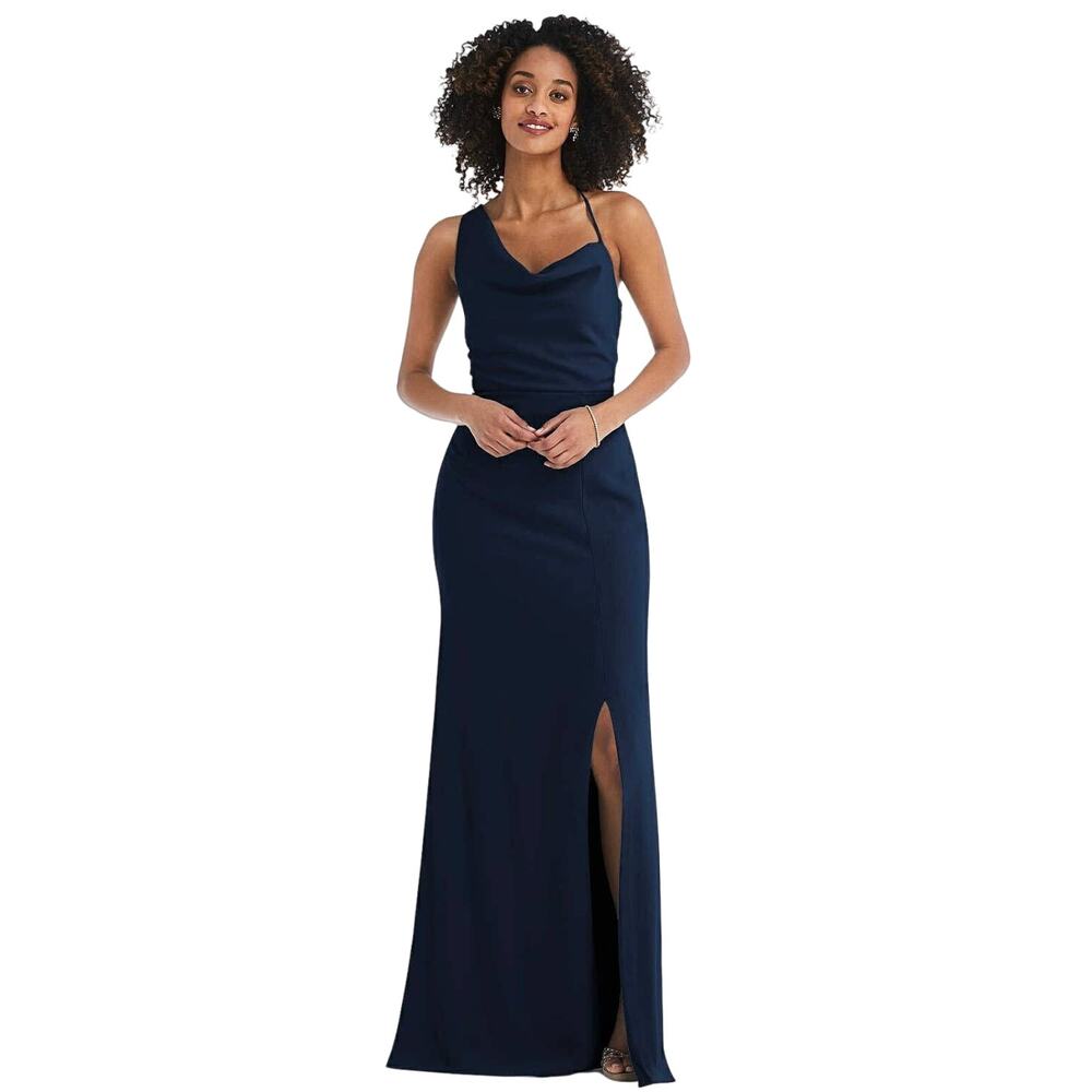 NWT Dessy AFter Six One Shoulder Draped Cowl Neck Maxi Dress Midnight Navy Sz 20